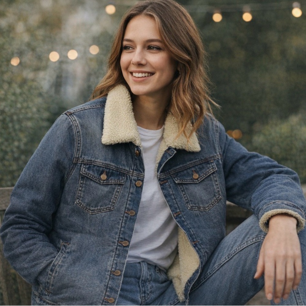 J. Crew Blue Denim Jacket with Cream Faux Sherpa Lining